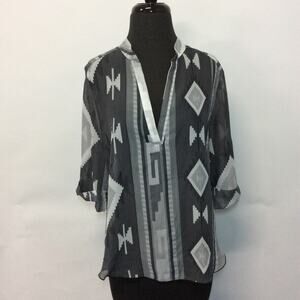 Liberty Love Sheer Gray White Tribal Print V Neck Blouse Small